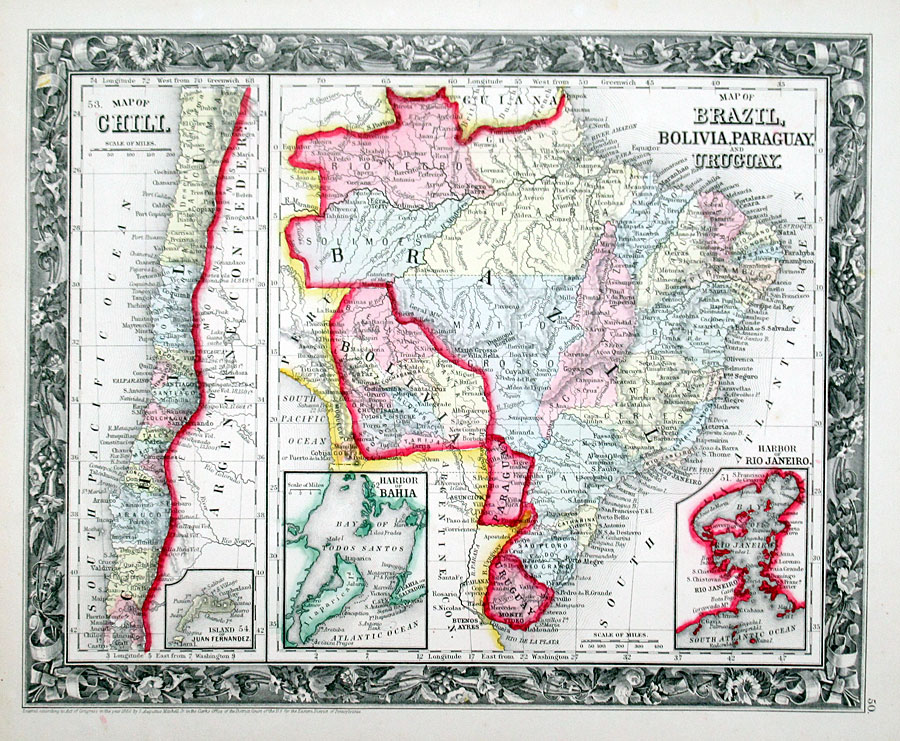 c 1860 Mitchell Map Brazil, Chili, Bolivia, Paraguay & Uruguay