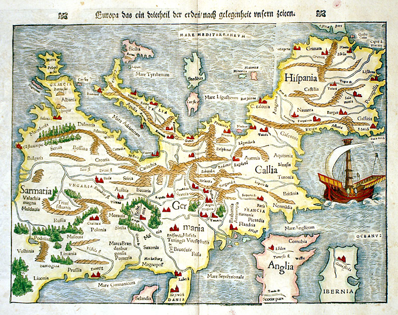 ''Europa...'' c. 1564 with south at top! Sebastian Munster