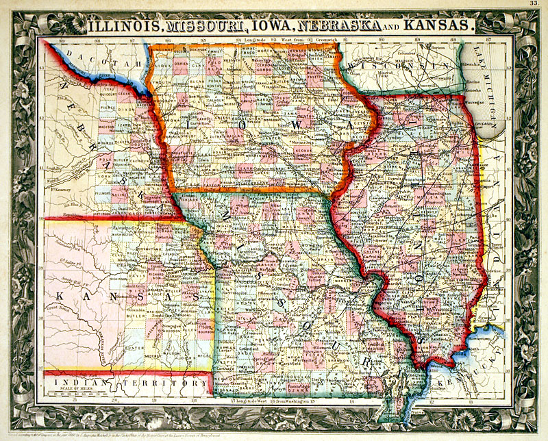 c 1860 ''Illinois, Missouri, Iowa,Nebraska and Kansas'' Mitchell