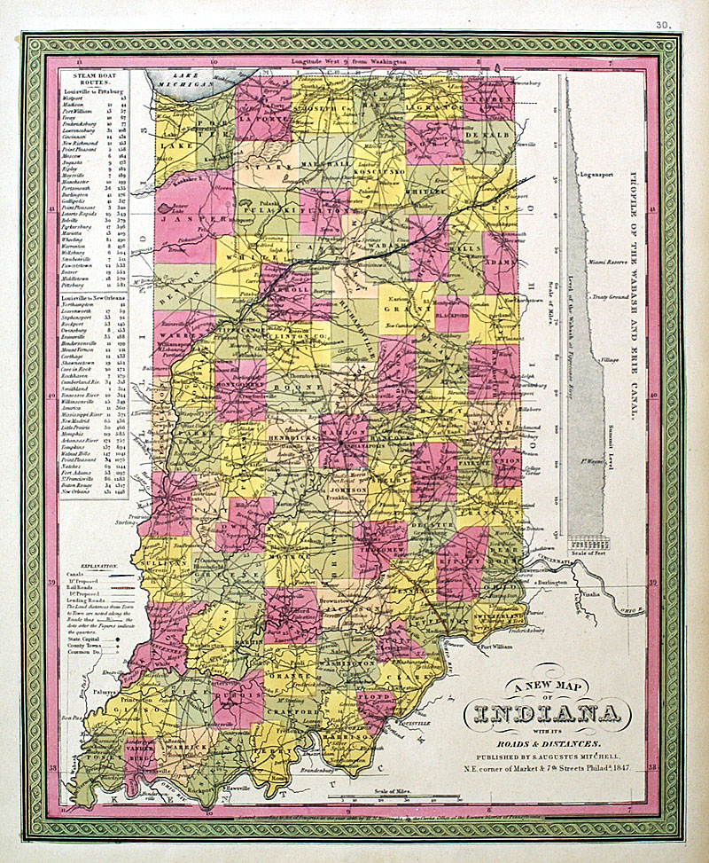 c 1847 A New Map of Indiana - Mitchell