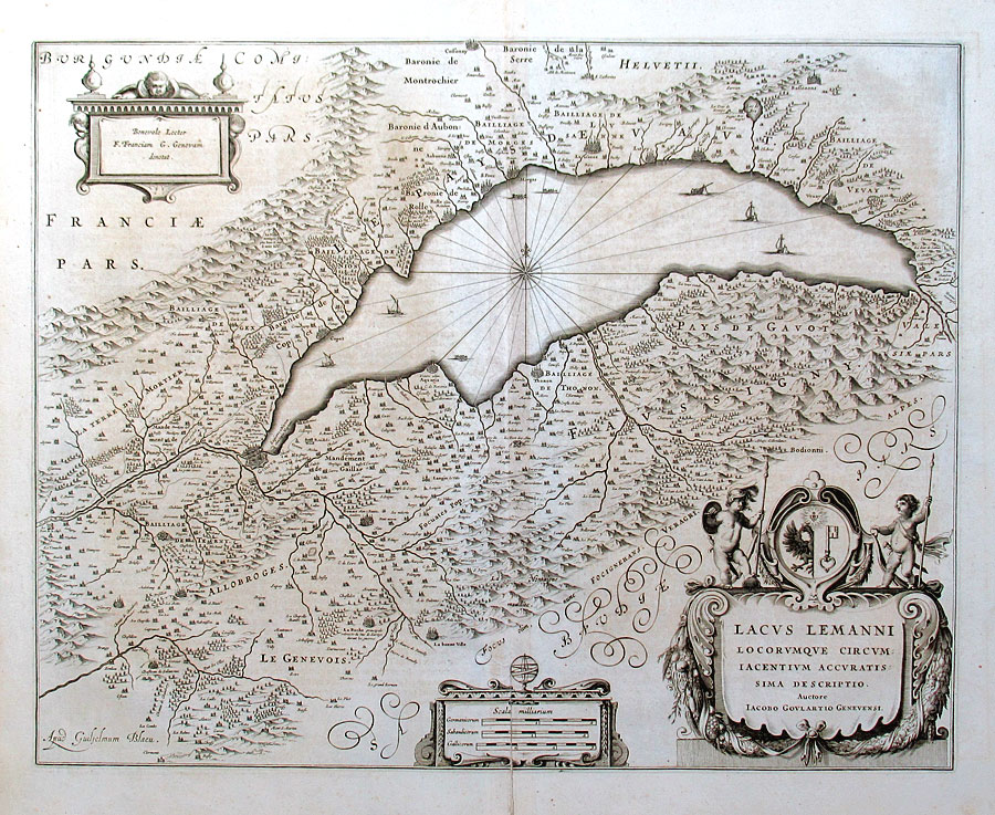 c 1642 Blaeu Map of Lake Geneva (Leman) Switzerland