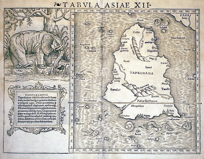 c 1550 TABULA ASIAE XII - Sri Lanka/Sumatra w Elephant - Munster