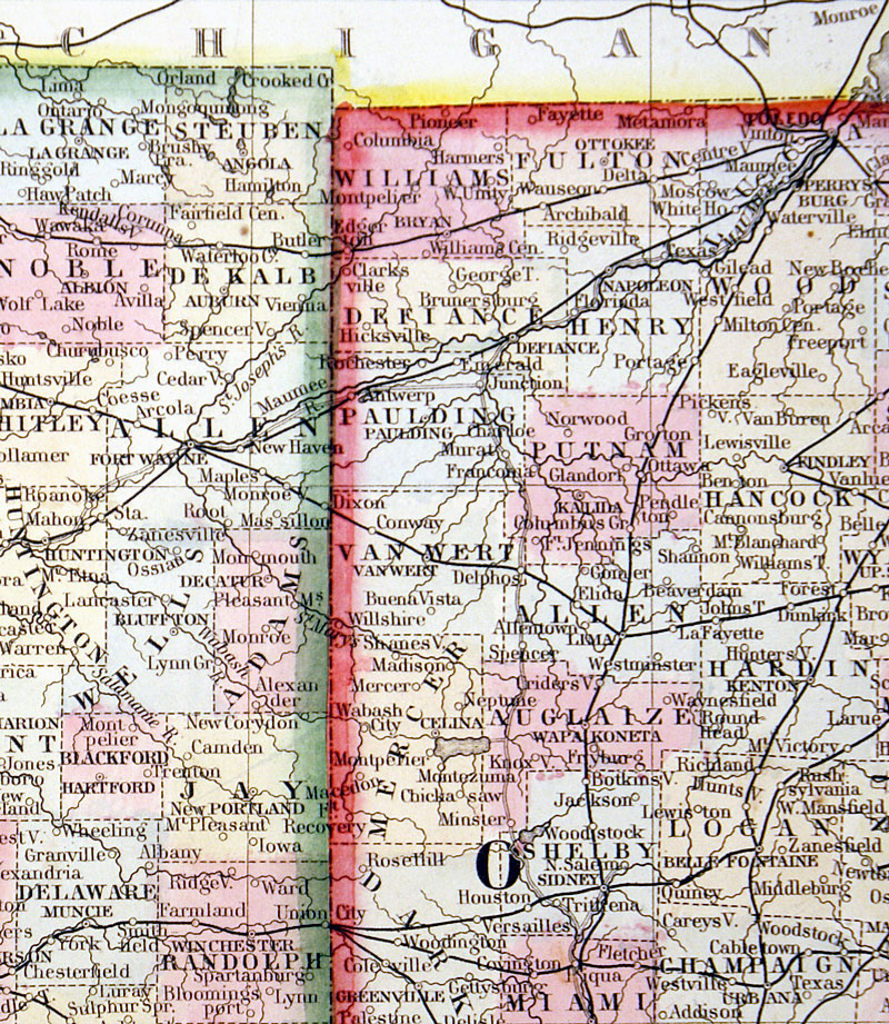 c 1864 ''COUNTY MAP OF OHIO, AND INDIANA''  - Mitchell
