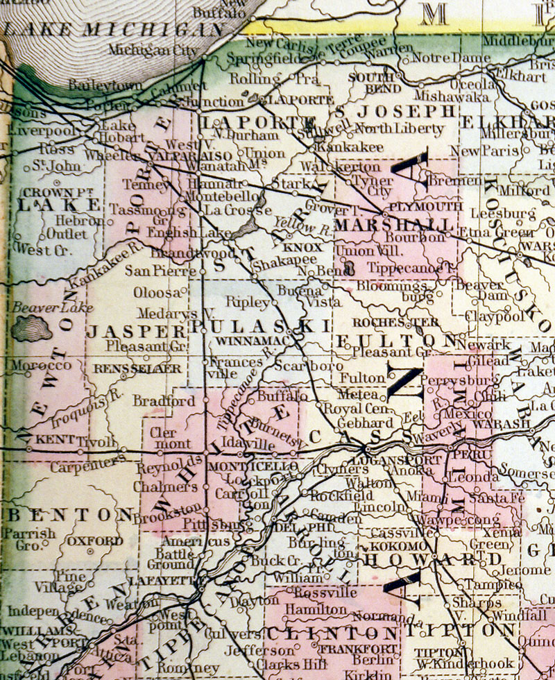 c 1864 ''COUNTY MAP OF OHIO, AND INDIANA''  - Mitchell