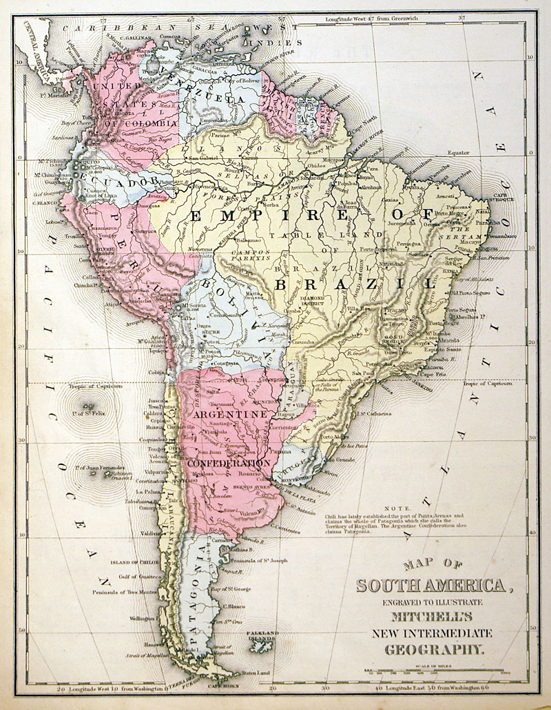 c 1877 ''MAP OF SOUTH AMERICA...'' - Mitchell