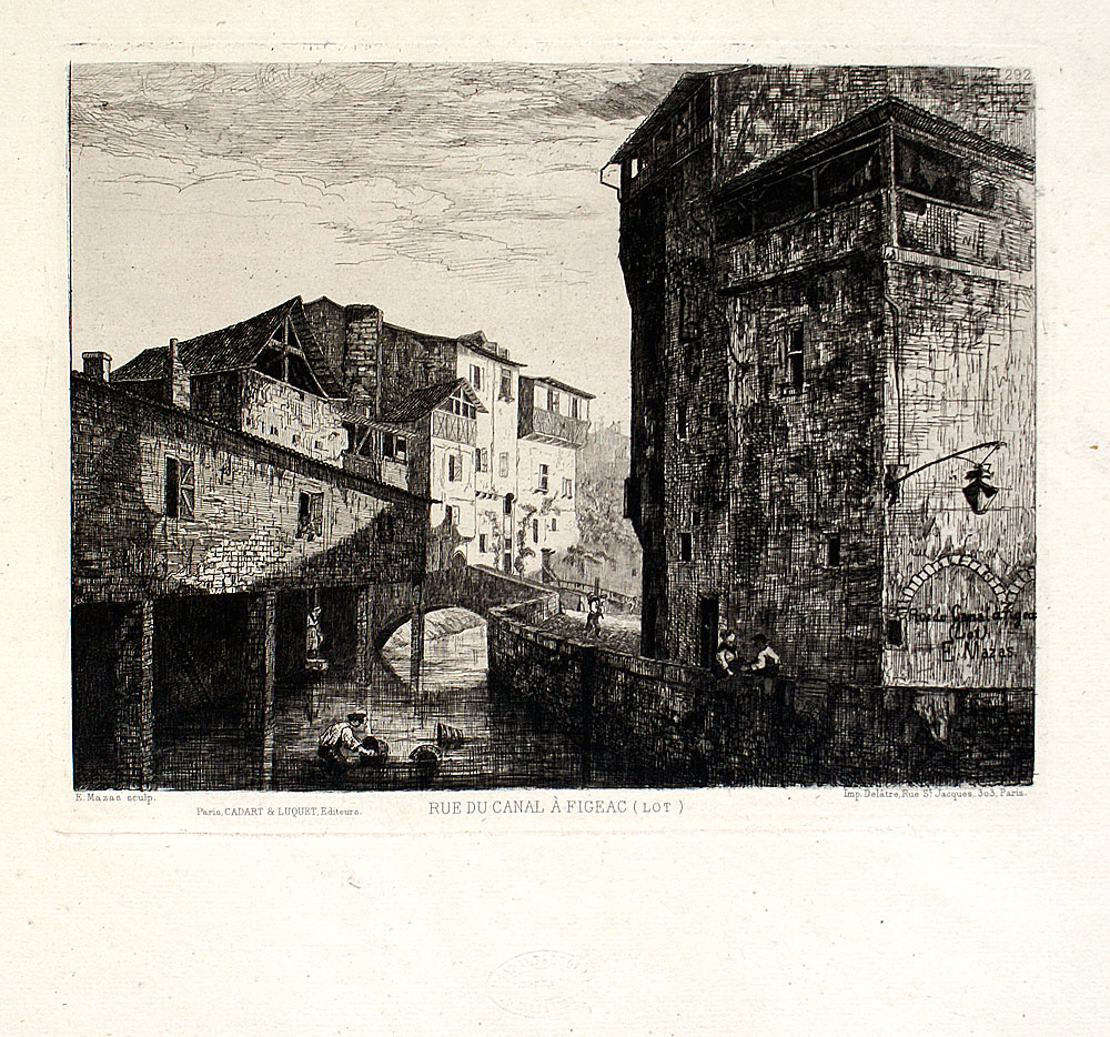 c 1863 Original Etching - Rue du Canal a Figeac - Mazas