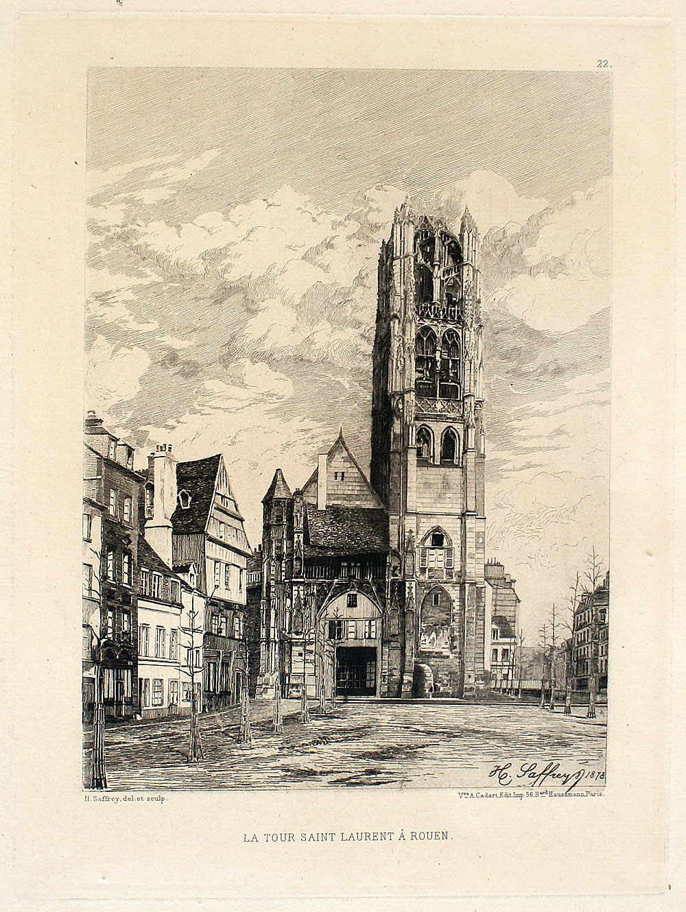 c 1875 Original Etching - La Tour St Laurent a Rouen - Saffrey
