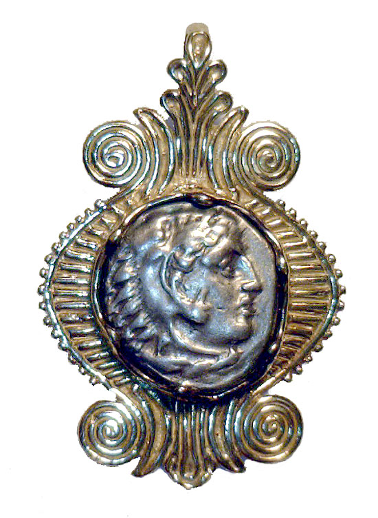 Ancient Greek Silver Drachm, 14K Gold Mount, Alexander the Great