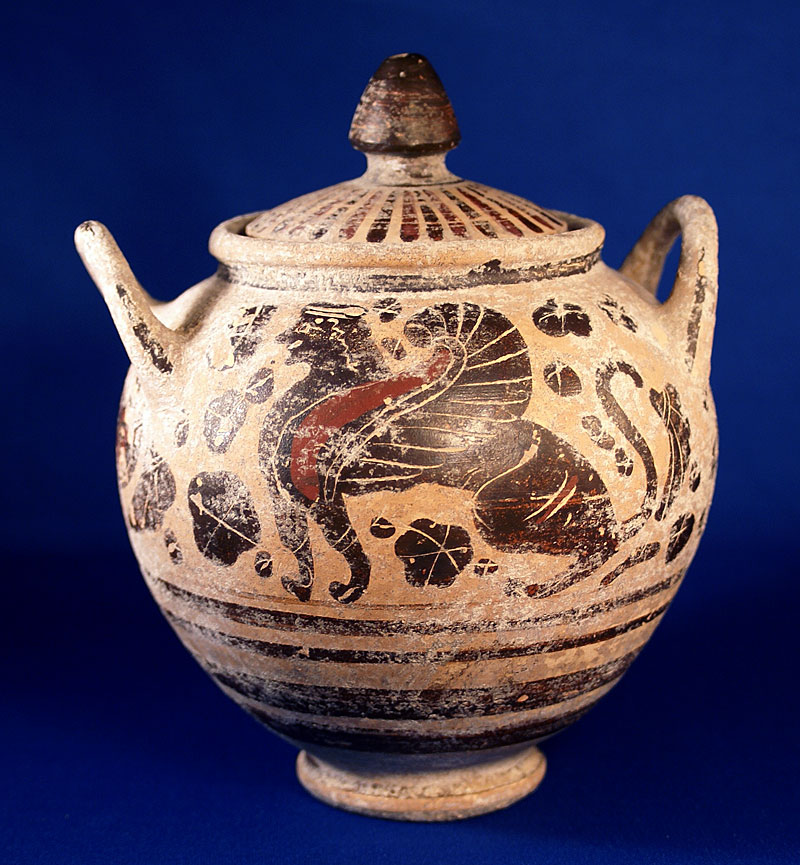 Ancient Corinthian Lidded Pyxis - Sphinx & Lion, c. 550 BC