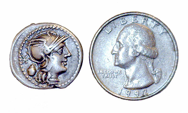Ancient Roman Silver Denarius - Roma & Libertas c. 126 BC