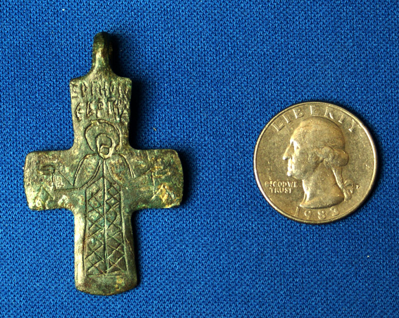 Christian Bronze Cross w figure of St George - c 10-12th Cent AD