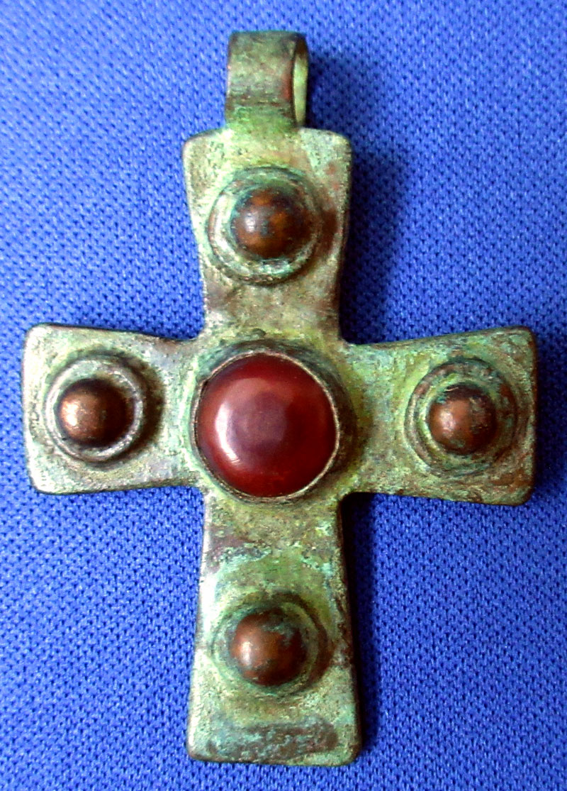 c 5th - 6th Century AD Christian Bronze Cross with red stone