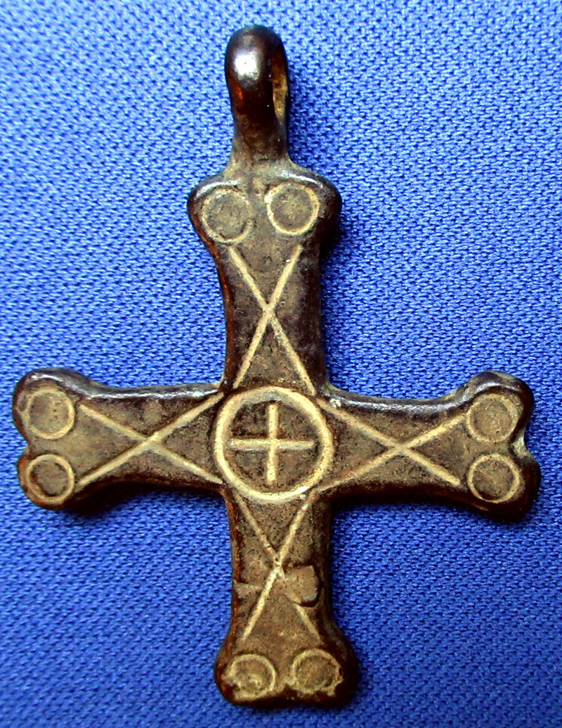 c 8th - 9th Cent AD Christian Bronze Cross - Magic Eyes Symbol