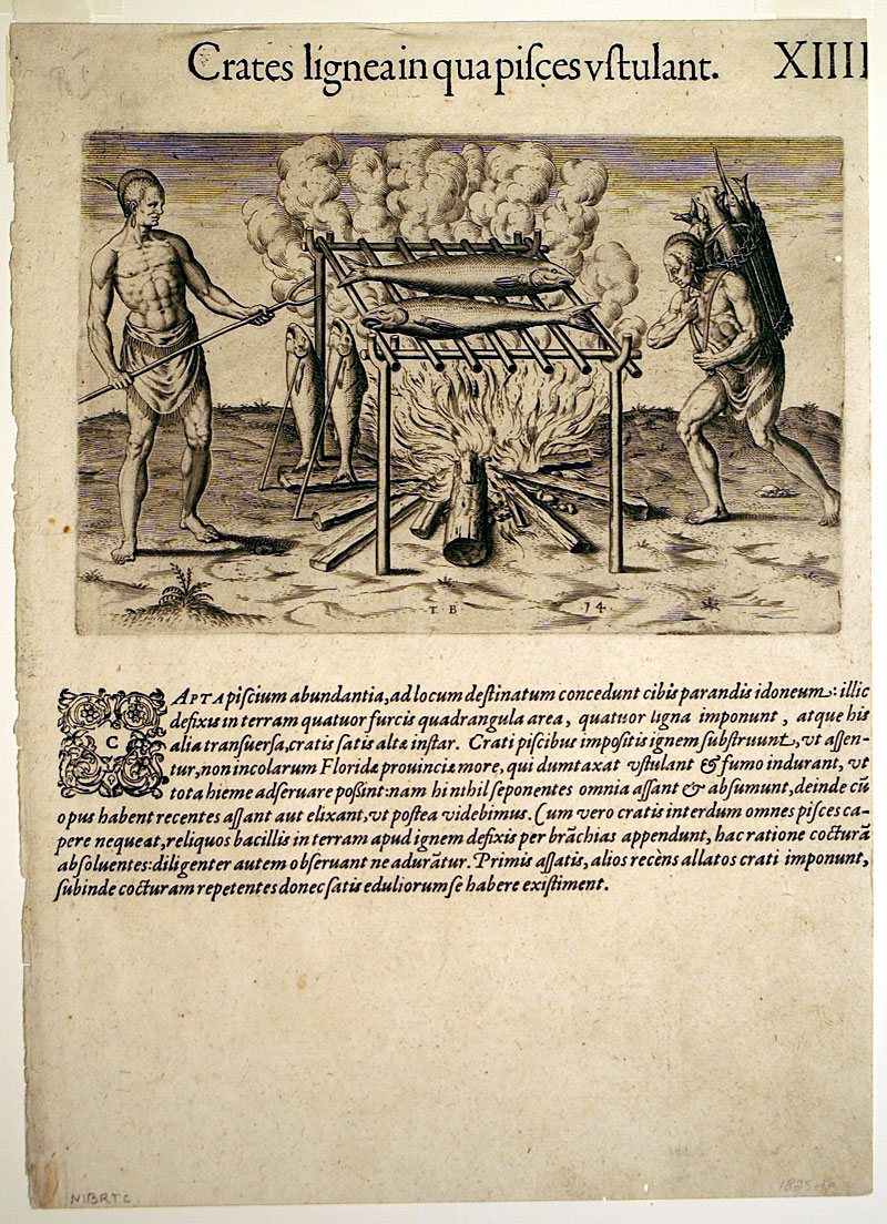 c 1590 De Bry: Native Virginians Flame Broiling Fish