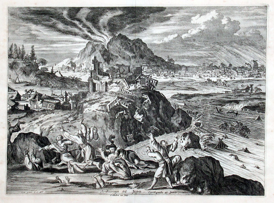 c 1670 View of Japan - Earthquake at Jedo (Tokyo)